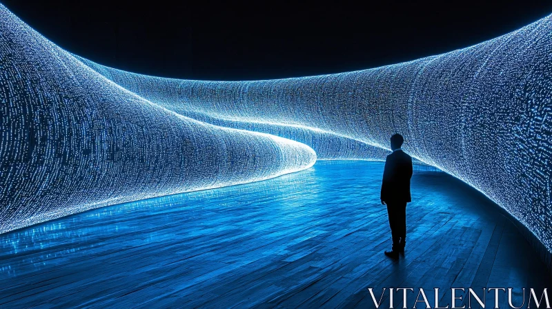 Person in a Surreal Blue Light Tunnel AI Image