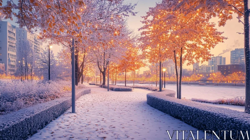 Illuminated Trees in a Snowy Urban Park AI Image