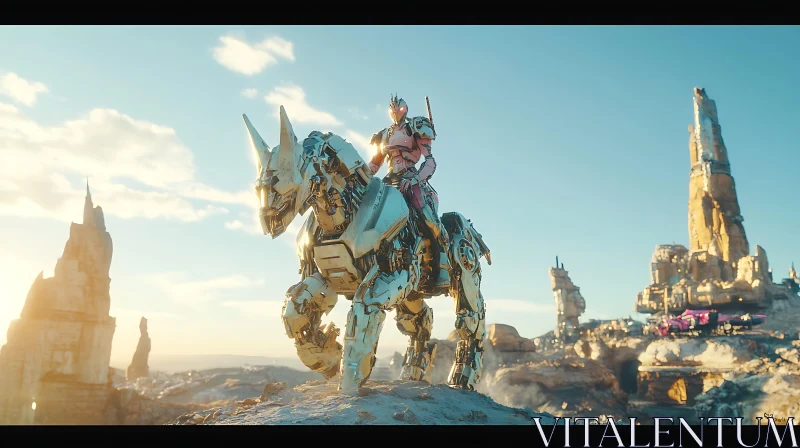 Futuristic Cyborg and Robot Horse in Post-Apocalyptic Desert AI Image