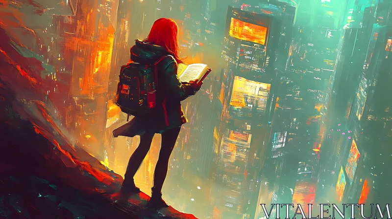 Surreal Image of Person with Book in Neon City AI Image