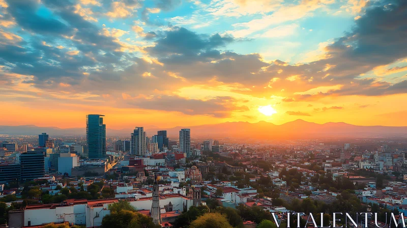 Cityscape Sunset with Skyscrapers and Vibrant Sky AI Image