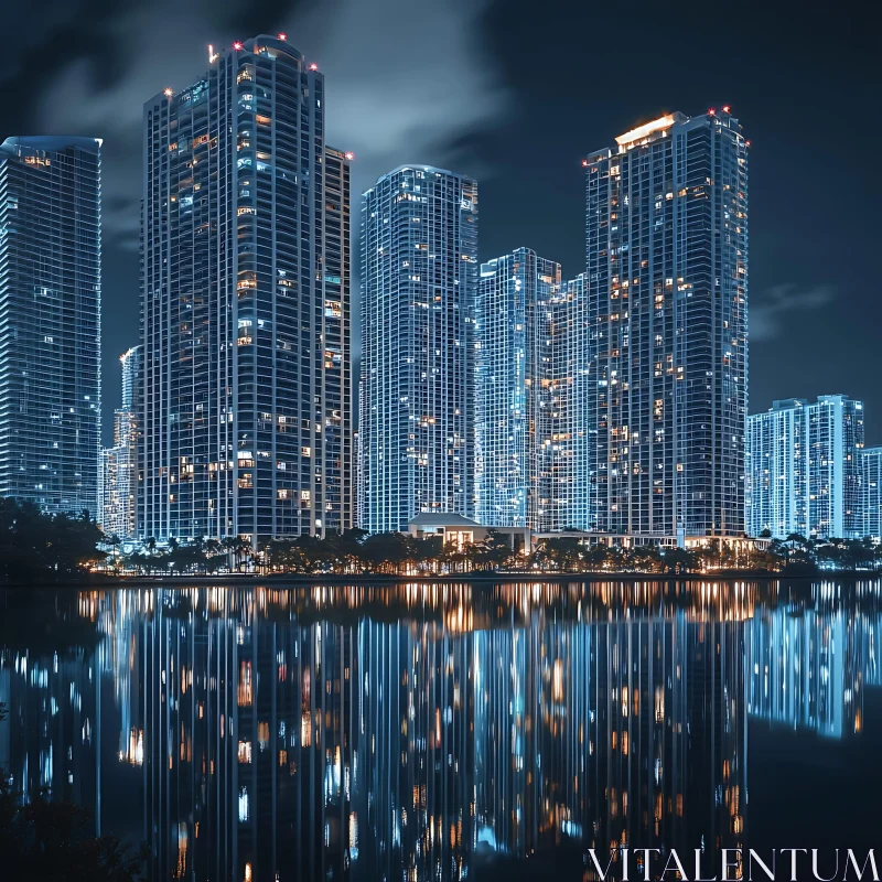 Modern City Skyline at Night with Reflections AI Image