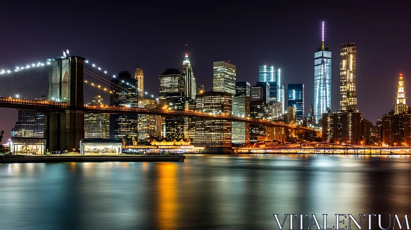 Nighttime City Skyline with Bridge and Reflections AI Image