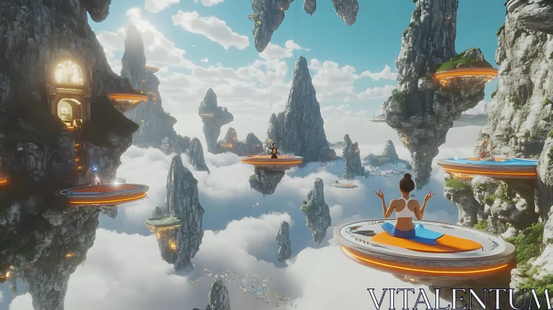 Futuristic Cloudscape with Floating Meditation Platforms AI Image