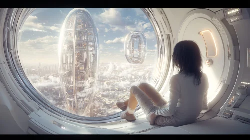 Futuristic City View from a Spaceship Window