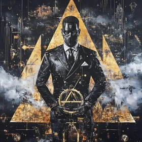 Mystical Figure Amidst Gold and Dark Geometric Shapes