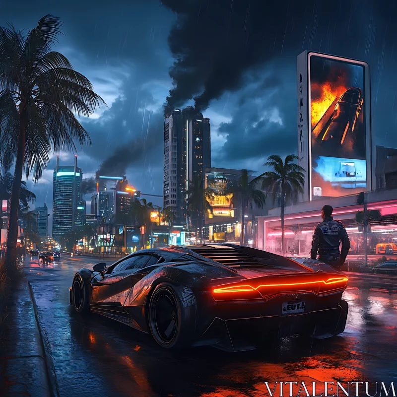 Neon-Lit Rainy Cyberpunk City Street AI Image