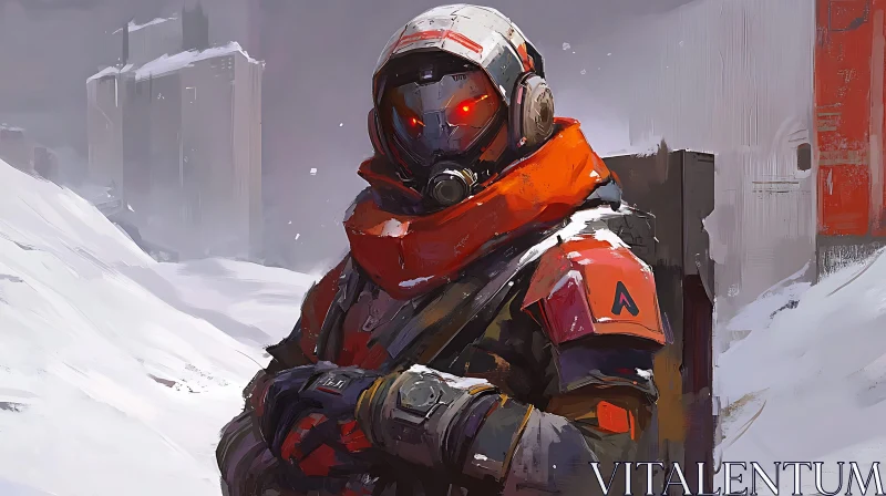 Advanced Armor Soldier in a Snow-Covered Cityscape AI Image