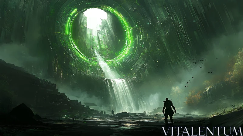 Adventurer in a Futuristic Green-Lit Cavern AI Image