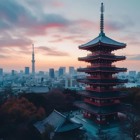 Japanese Pagoda and City Skyline at Sunset