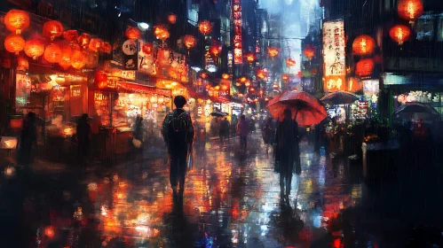 Rainy Night in Vibrant Urban Street with Lanterns