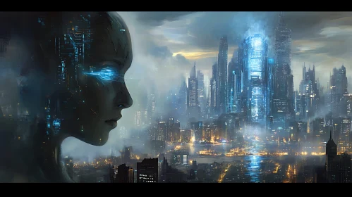 Cyborg Overlooking Futuristic Urban Landscape