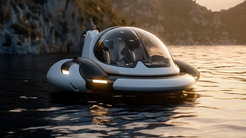 Modern Hovercraft on Water during Golden Hour