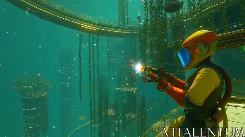 High-Tech Diver in a Submerged Futuristic Lab AI Image