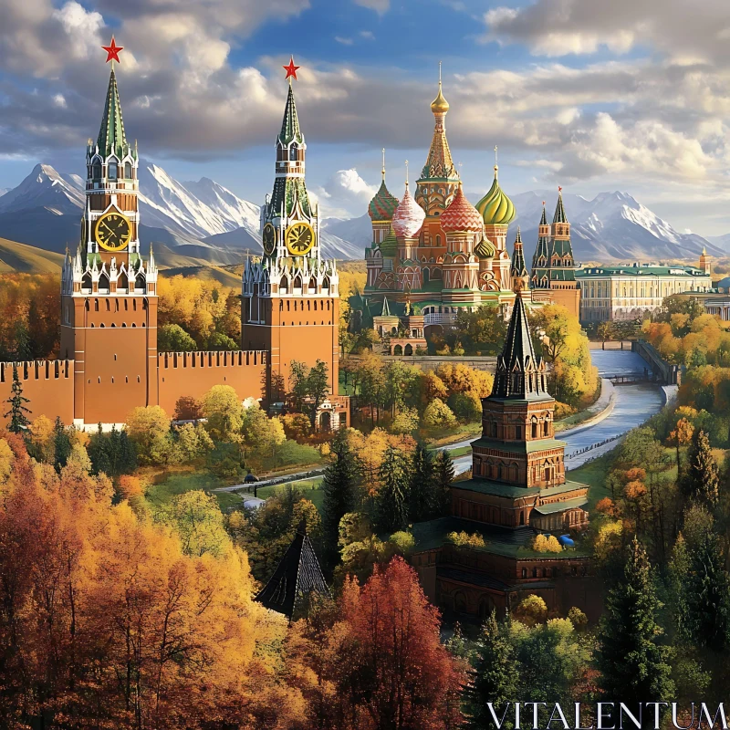 Scenic View of Kremlin and Saint Basil's Cathedral in Autumn AI Image