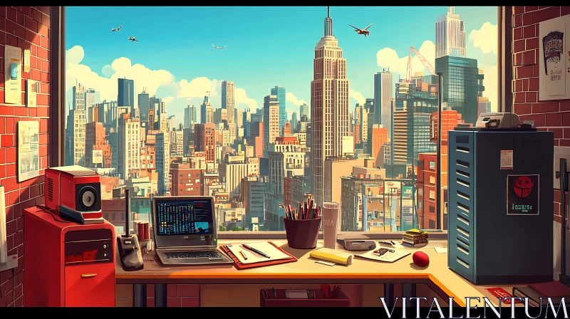 City Office Desk Overlooking Metropolis AI Image