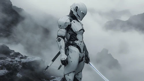 Lone Cyborg in Foggy Mountain Terrain with Sword