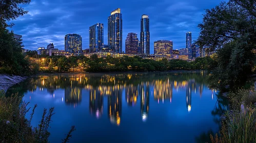 Urban Skyline with Waterfront Reflections at Dusk