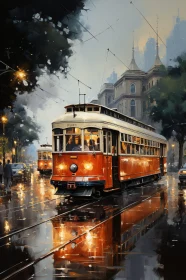 Retro Tramway in Rain-Soaked Urban Landscape