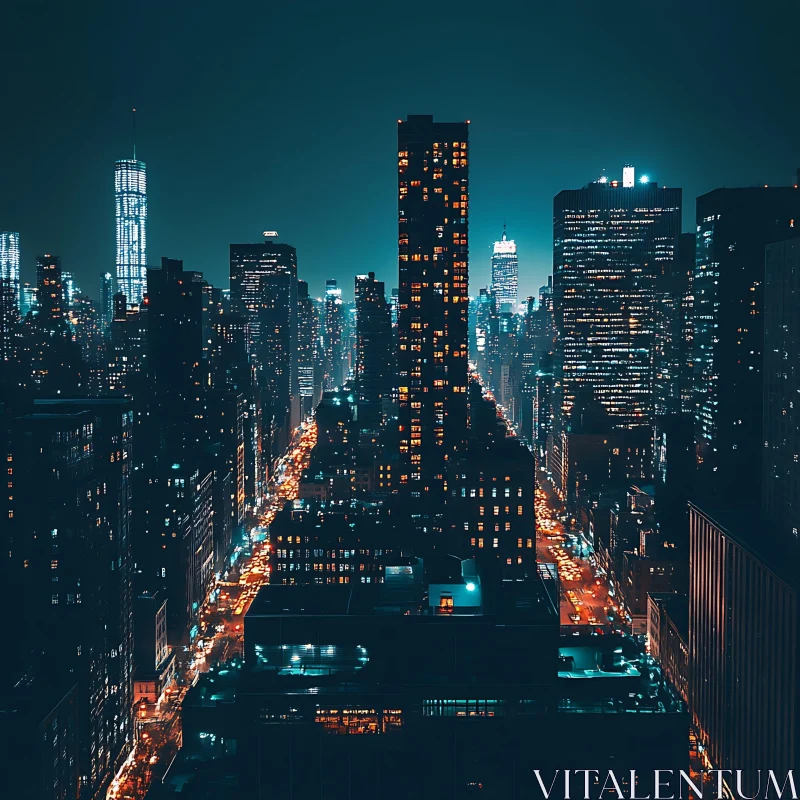 Illuminated Cityscape at Night AI Image