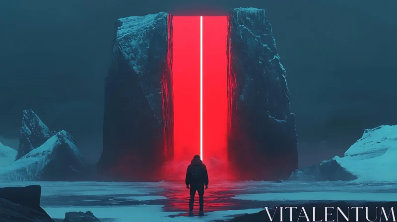 AI ART Lonely Figure Before Illuminated Red Portal