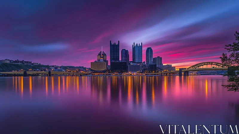 AI ART Evening Cityscape with Colorful Sky and Reflections