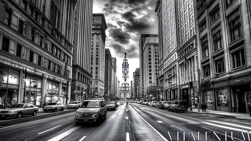 AI ART Urban Street in Monochrome with Cars and Buildings