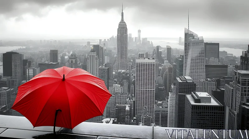 AI ART Urban Rainy Day with Red Umbrella