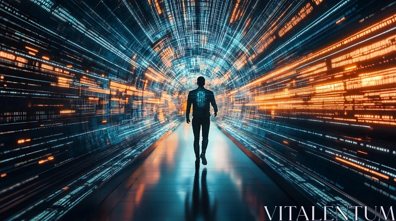 Human Walking in Futuristic Data Pathway AI Image