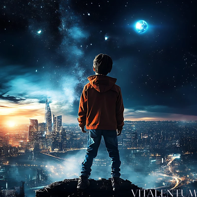 AI ART Wonderous Night Sky Over Modern Urban Skyline