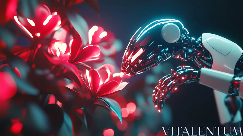 Robot and Glowing Flowers Interaction in Neon Light AI Image