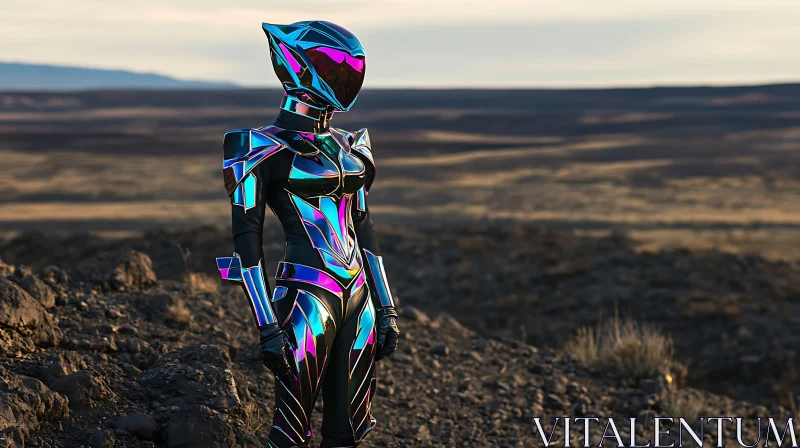 Neon Armored Cyborg in Rugged Terrain