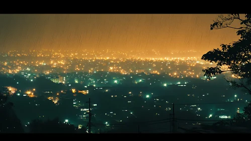 Rainy City Night with Glowing Urban Lights
