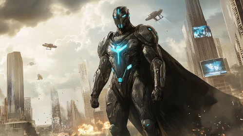 Sci-Fi Superhero in Advanced Armor in a Futuristic City