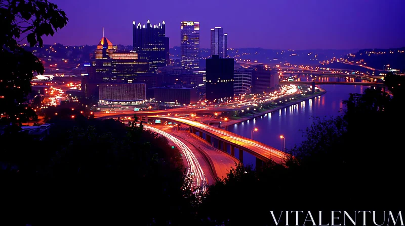 Urban Night Skyline with Lights and River Reflections