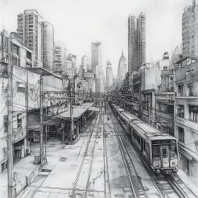 Detailed Urban Sketch with Skyscrapers and Train