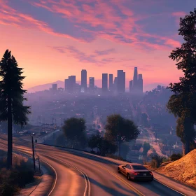 City Evening Drive with Colorful Sky