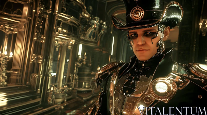 Steampunk Cyborg in opulent gothic environment