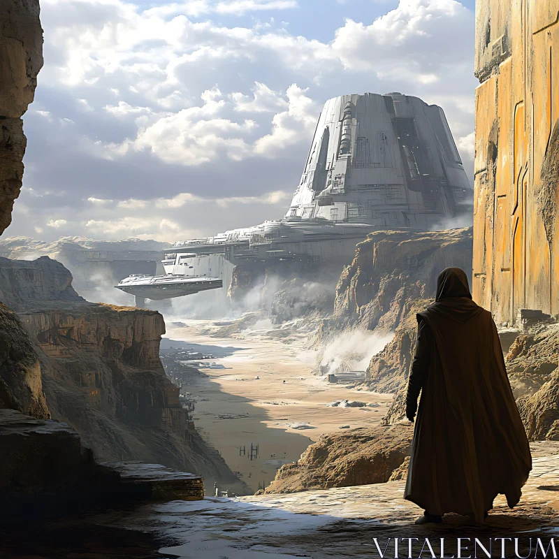 Sci-Fi Desert Scene with Advanced Structure and Hovering Spaceship