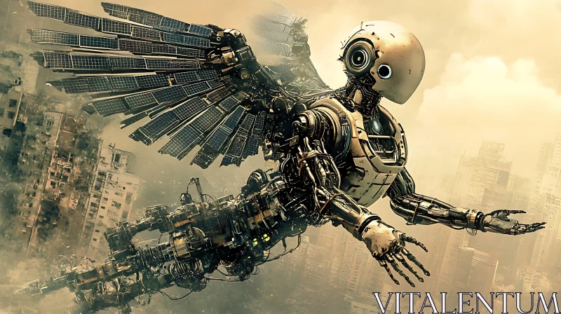 Flying Cybernetic Machine over Urban Landscape