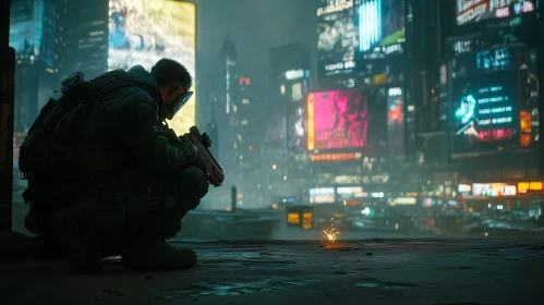 Cyberpunk Soldier at Night in a Neon City
