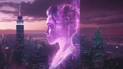 Cyborg Amidst a Purple Dusk Cityscape