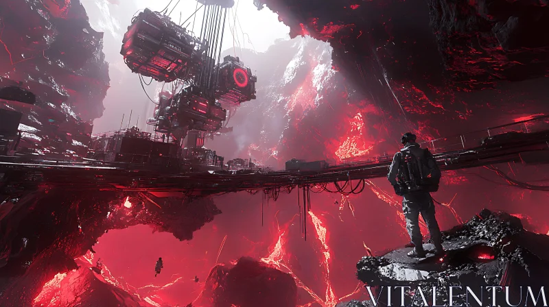 Sci-Fi Lava World with Floating Tech Structures