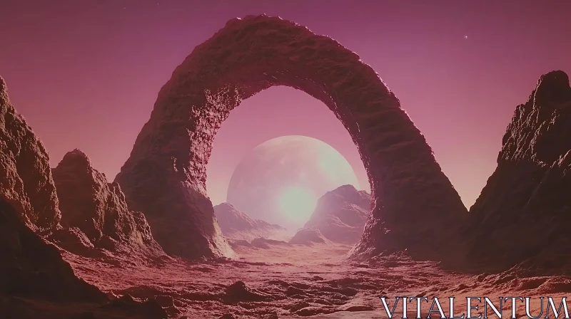 Otherworldly Red Rock Arch and Distant Glowing Planet