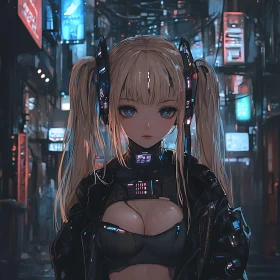Cyberpunk Android in Neon Cityscape