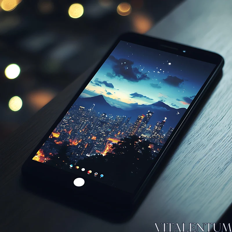 Cityscape Night View on Smartphone Screen