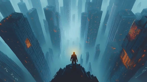 Solitary Figure Overlooks Futuristic Urban Landscape