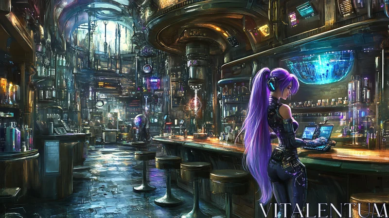 Cyberpunk Woman in a High-Tech Cityscape Bar AI Image