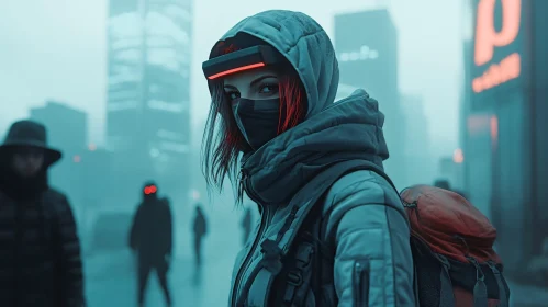 Cyberpunk Cityscape with Hooded Figure