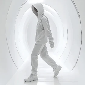 Walking in a Futuristic White Tunnel